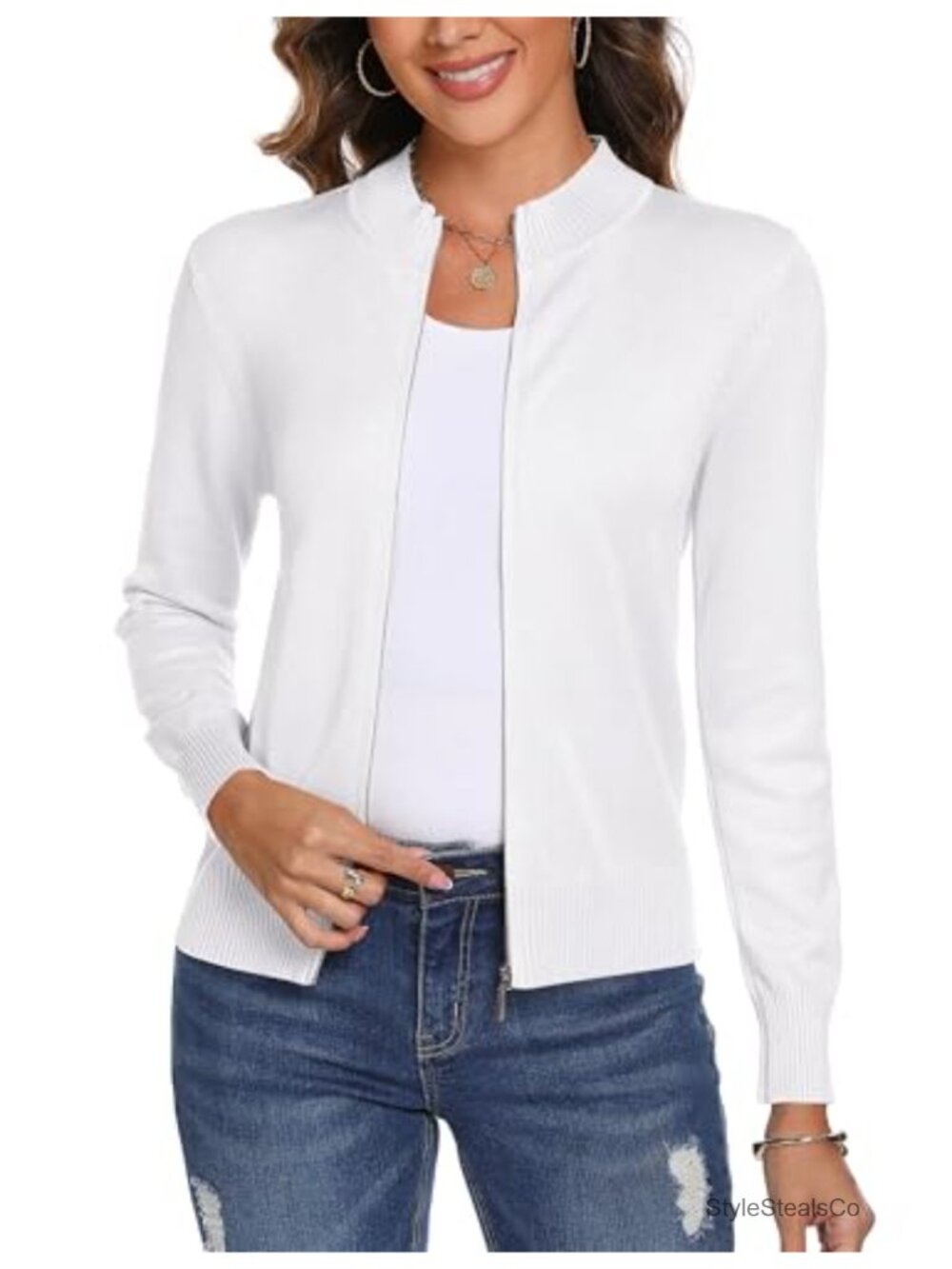 Womens Zip Up Knitted Cardigan Sweater Lightweight Long Sleeve Crewneck